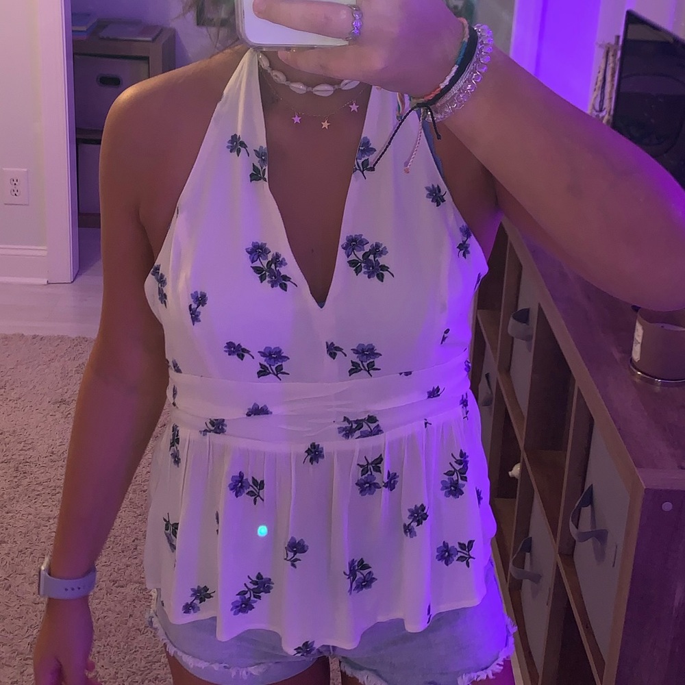 white adjustable tie halter top with flowers